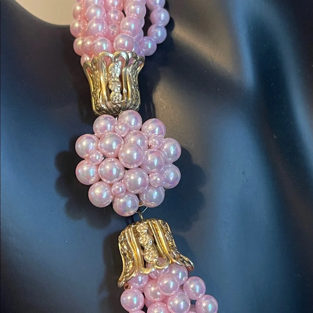 Vintage Japan Pink Pearlescent Multi-Strand Decorative Box Clasp Necklace - Picture 4 of 9
